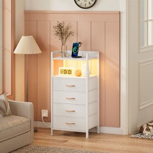 Furnulem Tall Nightstand with Charging Station and Drawers, Bedside Table with 4/5 Fabric Drawers, LED Lights and 2 Storage Shelves - 1 of 4