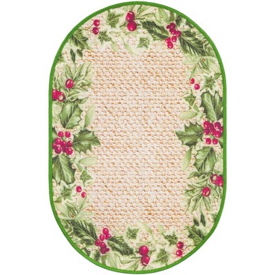 Beige and Green Oval Floral Synthetic Outdoor Rug