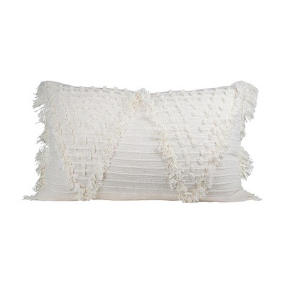 14" x 22" Hand Woven White Cotton Rectangle Accent Throw Pillow w/ Polyester Fill