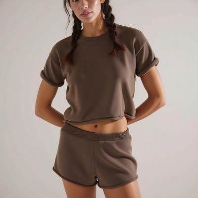 Knit & Lounge Women’s Relaxed Knit Short Sleeve Crewneck Top and Elastic Waistband Lounge Shorts Set