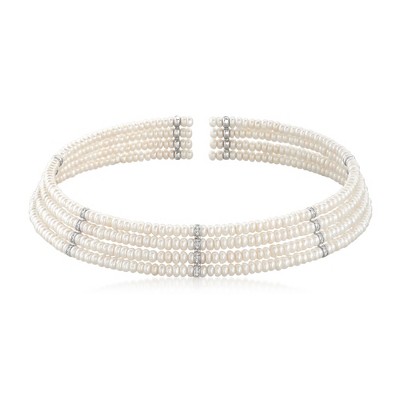 Ross-Simons Multi-Row 4.5-5mm Cultured Pearl and .23 ct. t.w. Diamond Choker Necklace With Sterling Silver Size