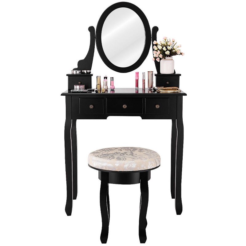 Tangkula 5 Drawers Rotatable Vanity  Dressing Makeup Table Set w/  Cushioned Stool Black, 1 of 6