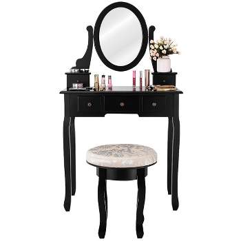 Tangkula 5 Drawers Rotatable Vanity  Dressing Makeup Table Set w/  Cushioned Stool Black