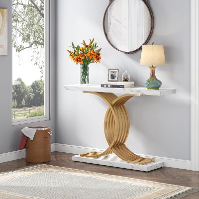 Luxurious White Faux Marble and Gold Metal Console Table with Storage