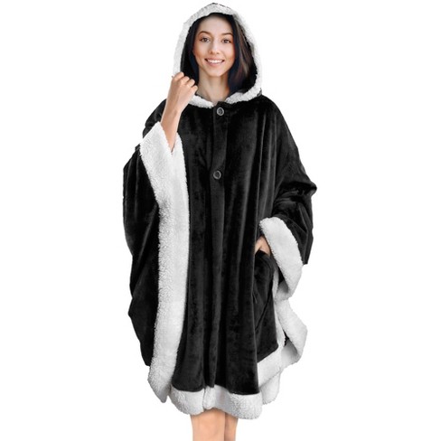 Women's Plush Hooded Poncho Blanket, Ladies Oversized Flannel