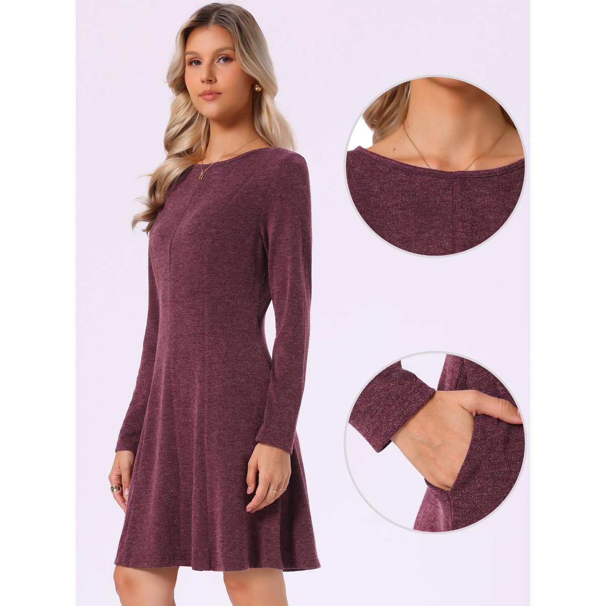 Женские платья INSPIRE CHIC Women's Casual Knit Mini Long Sleeve Lightweight Round Neck Pull-On Dress X Small Dark Red — фото 2