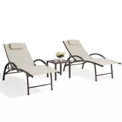 3pc Outdoor Aluminum 5 Position Adjustable Lounge Chairs with Covered Headrests & End Table Off-White -Crestlive Products