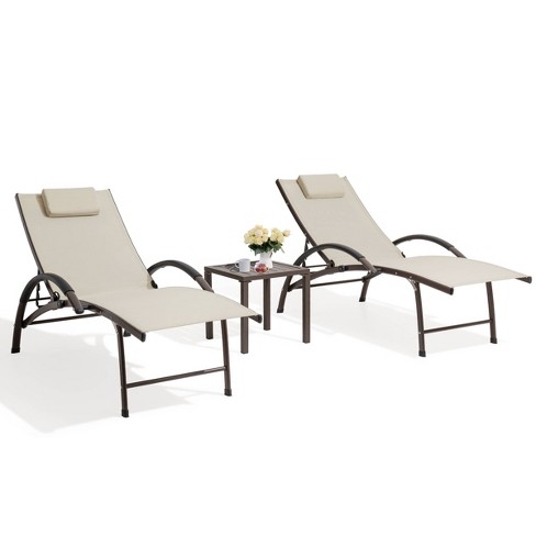 3pc Outdoor Aluminum 5 Position Adjustable Lounge Chairs with Covered Headrests & End Table Off-White -Crestlive Products - image 1 of 4