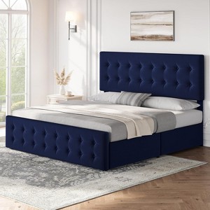 Full Size Bed Frame with 4 Storage Drawers and Headboard, Linen Upholstered Platform Bed Frame with Wooden Slats Support, Button Tufted Design, Grey - 1 of 4