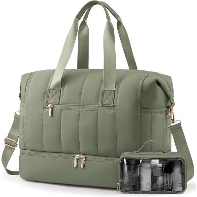 Puffer Travel Duffle Bag with Shoe Compartment, 42L Carry On for Women, Hospital and Gym Bag