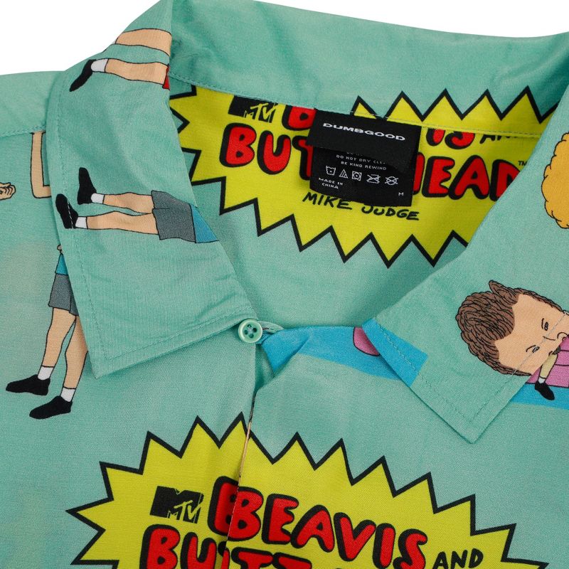 Beavis & Butt-Head Repeat Characters & Logo Short Sleeve Blue Button-Down Shirt, 4 of 5