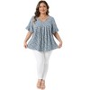 Women's Plus Size Ditsy Floral Pleated V Neck Flared Sleeve Casual Summer Blouses - Agnes Orinda - 3 of 4
