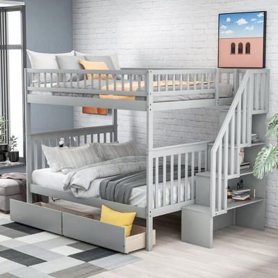 Full Over Full Bunk Bed With Two Drawers And Storage Stairs, Gray ...