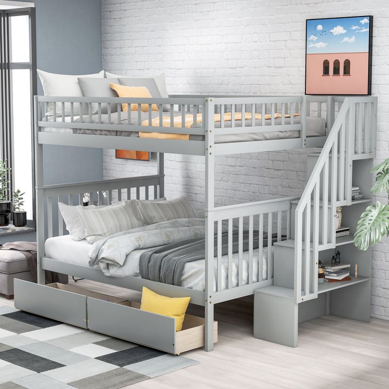 Full over Full Bunk Bed with Two Drawers and Storage Stairs - ModernLuxe, 1 of 9
