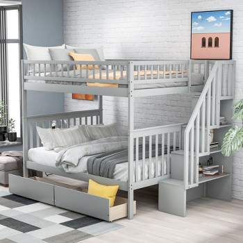 Full over Full Bunk Bed with Two Drawers and Storage Stairs - ModernLuxe