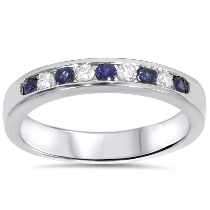 Pompeii3 1/4ct Blue Sapphire Lab Created Diamond Channel Set Wedding Ring 14K White Gold, 1 of 5