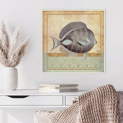 Vintage Fish II Coastal Canvas Wall Art with White Frame