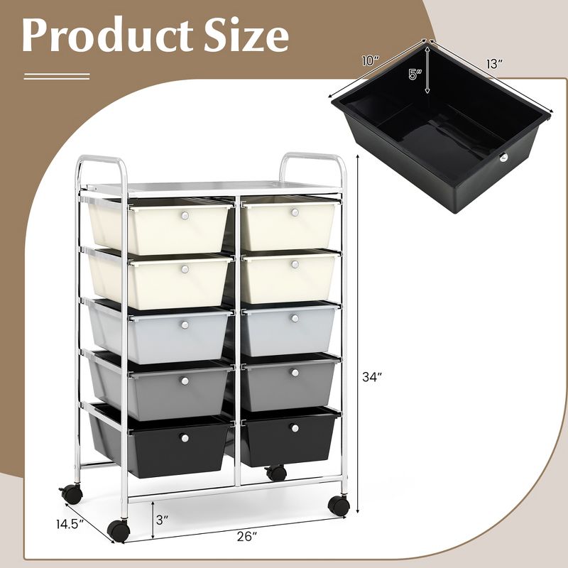 Tangkula 10-Drawer Rolling Storage Cart Tools Scrapbook Paper Organizer on Wheels Grey Gradient, 3 of 11