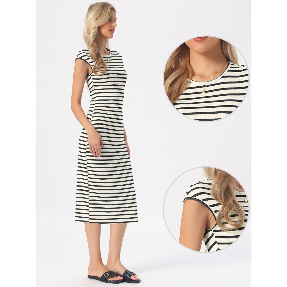 Женские платья INSPIRE CHIC Women's Striped Crew Neck Cap Sleeve Knit Bodycon Midi Dresses Medium Apricot Black — фото 2