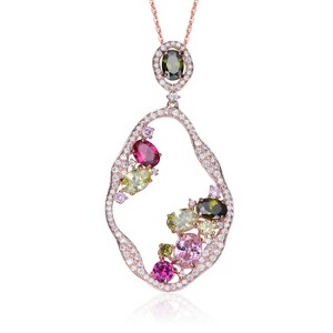 Guili Sterling Silver 18K Rose Plated Multi Color Cubic Zirconia Assymetrical Spring Ring Pendant Necklace, a Trendy and Colorful Design - 1 of 4