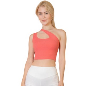 Slickblue Women's Ribbed One Shoulder Crop Top, Cross Strap Detail, Casual Fit, 6 Color Options, Size S-L - 1 of 4