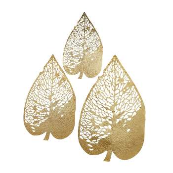 Set of 3 Metal Leaf Wall Decors with Laser Cut Detailing Gold - The Novogratz