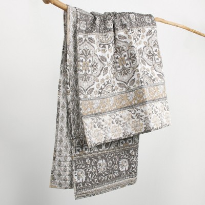 Lirelle Floral Reversible Cotton Throw Blanket in Grey and Tan