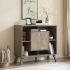Vynxaria Compact display storage sideboard bookcase cabinet two door four open shelves metal knobs wooden flared legs - 2 of 4