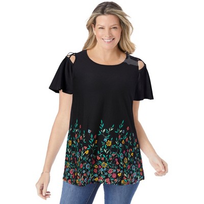 Woman Within Plus Size Lattice-Detail Cold-Shoulder Tee