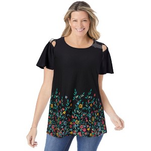 Woman Within Plus Size Lattice-Detail Cold-Shoulder Tee - 1 of 4
