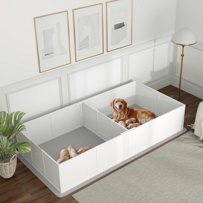 LAOTIES Large Dog Whelping Box,96" x 47" x 19" Wooden Whelping Pen With Waterproof Pad And Adjustable Entry For Puppies And Mother Dog,White