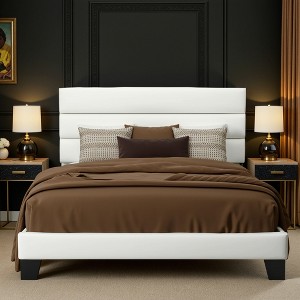 Velvet Upholstered Bed with Wooden Slats, No Box Spring Needed, Easy Assembly - 1 of 4