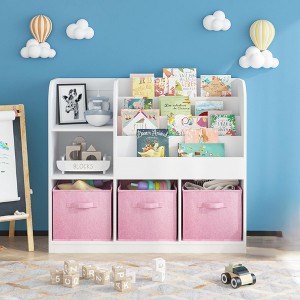 Kids Bookshelf, Multifunctional 4-Layer Children's Bookshelf With 3 Foldable Fabric Drawers, Wood Kids Toy Storage Organizer For Playroom, Nursery - 1 of 4