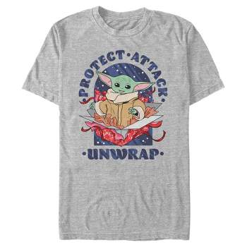 Men's Star Wars The Mandalorian Christmas The Child Protect Attack Unwrap T-Shirt