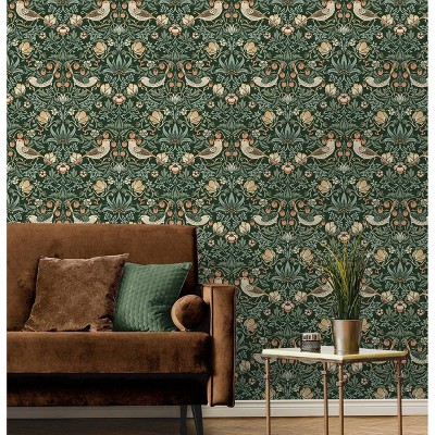 Forest Green Bird and Floral Peel and Stick Wallpaper