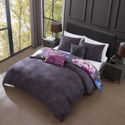 Elegant Blossoms Gray Cotton Queen Reversible Comforter Set