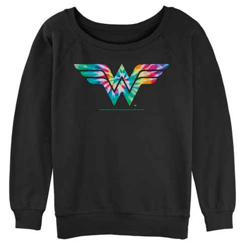 Juniors Womens Wonder Woman Tie Dye Logo Sweatshirt - Black - Medium