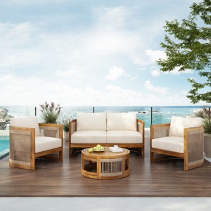 4-Piece Outdoor Patio Conversation Set, Acacia Wood Outdoor Balcony Furniture with Round Coffee Table and Rope Accents Chairs – Cuddlewood - 1 of 4