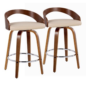 26" Faux Leather Mid-Century Modern Counter Stool with Swivel and Bent Wood Legs with Metal Footrest for Kitchen Island or Home Bar, Set of 2 - 1 of 4