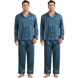 INSPIRE CHIC Men's 2 Pack Satin Long Sleeve Striped Button Down Pajamas Set - 1 of 4