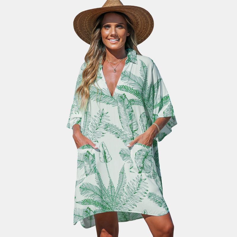 Women's Green-and-White Palm Leaf Collared V-Neck Cover-Up Dress - Cupshe, 1 of 6