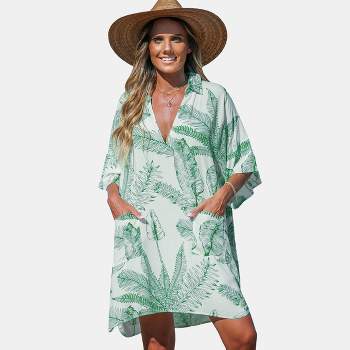 Women's Green-and-White Palm Leaf Collared V-Neck Cover-Up Dress - Cupshe