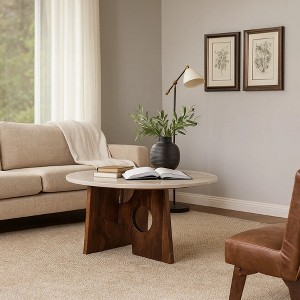 Royal Hampton Coffee Table, 27" Natural Round Marble Tabletop, Mango Wood Sculptural Base - 1 of 4