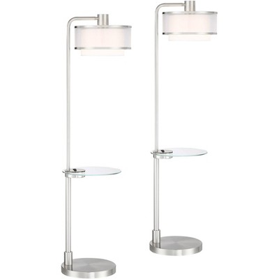 Possini Euro Design Modern Floor Lamps Set of 2 with Tray Table USB Port Nickel Silver Organza White Linen shades for Living Room