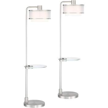 Possini Euro Design Modern Floor Lamps 60" Tall Set of 2 with Tray Table USB Port Nickel Silver Organza White Linen shades for Living Room