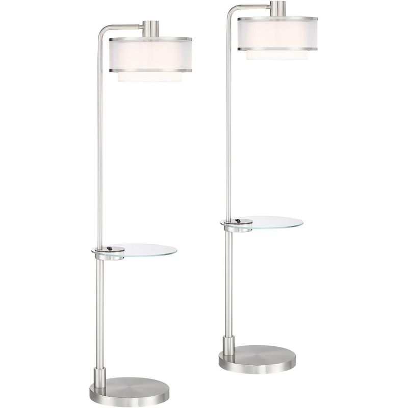 Possini Euro Design Modern Floor Lamps 60" Tall Set of 2 with Tray Table USB Port Nickel Silver Organza White Linen shades for Living Room, 1 of 10
