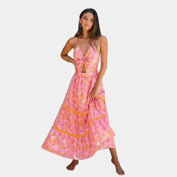 Women's Tangerine & Pink Floral Sweetheart Twist Maxi Dress - Cupshe
