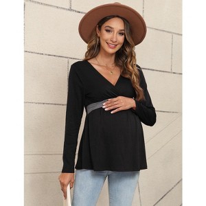 YesFashion Women’s Maternity Shirts Long Sleeve Nursing Tops V Neck Patchwork Breastfeeding Shirts Pregnancy Clothes - 1 of 4