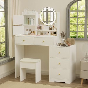 KTMBDW Vanity Desk with Mirror and Cushioned Chair, Vanity Mirror with Lights and Table Set with 3 Color Lighting Brightness Adjustable, White - 1 of 4