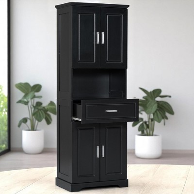 Tall Bathroom Storage Cabinet with 4 Doors, 1 Drawer, Open Shelf & Adjustable Storage, Anti-Tip Design, Black, 16.1" Wide